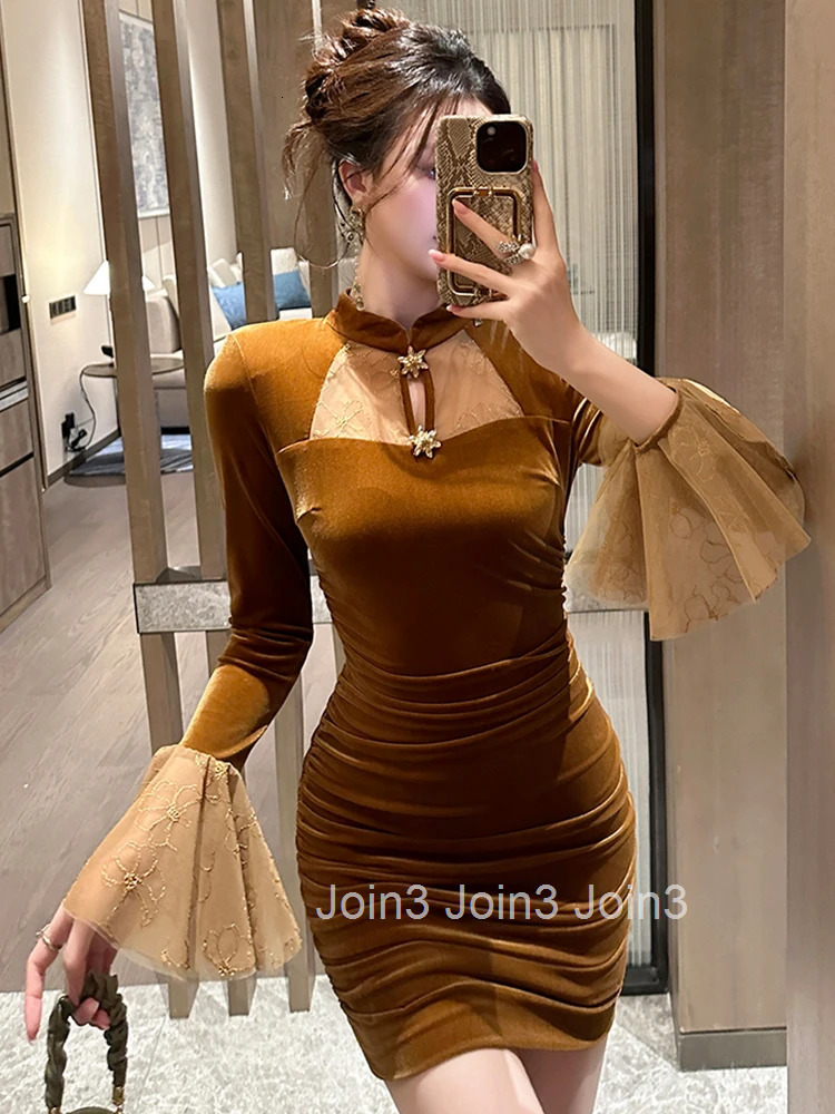 Women Clothes Retro Velvet Stand Neck Folds Skinny Mini Short Dress Elegant Fashion Evening Party Prom Vestido Spring Autumn New