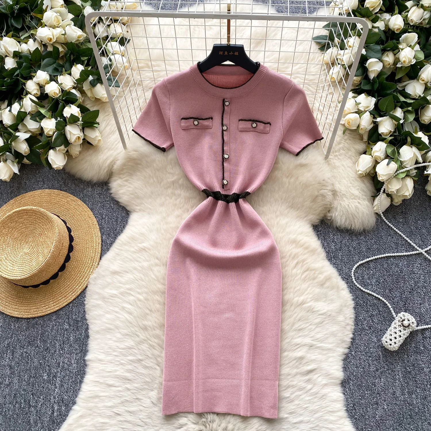 Spring Summer Sexy Short Sleeve Knitted Dress Sheath High Waist Bodycon Skirt Color Block n Korean Mini Dresses 250616