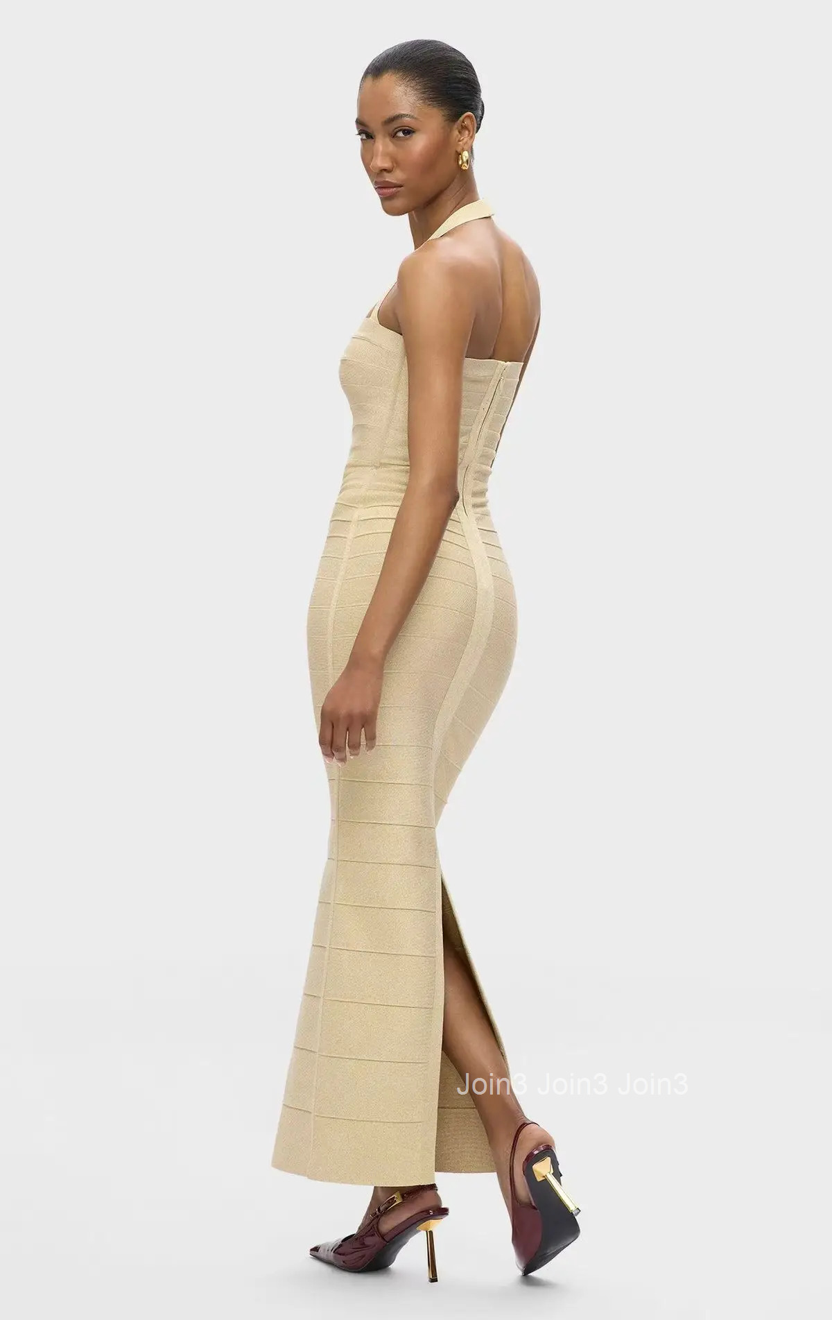 White Beige Halter Neck Bodycon Dress 2025 Elegant Formal Party Guest Dress with High Waist Two-Tone Slim Fit Evening Gown