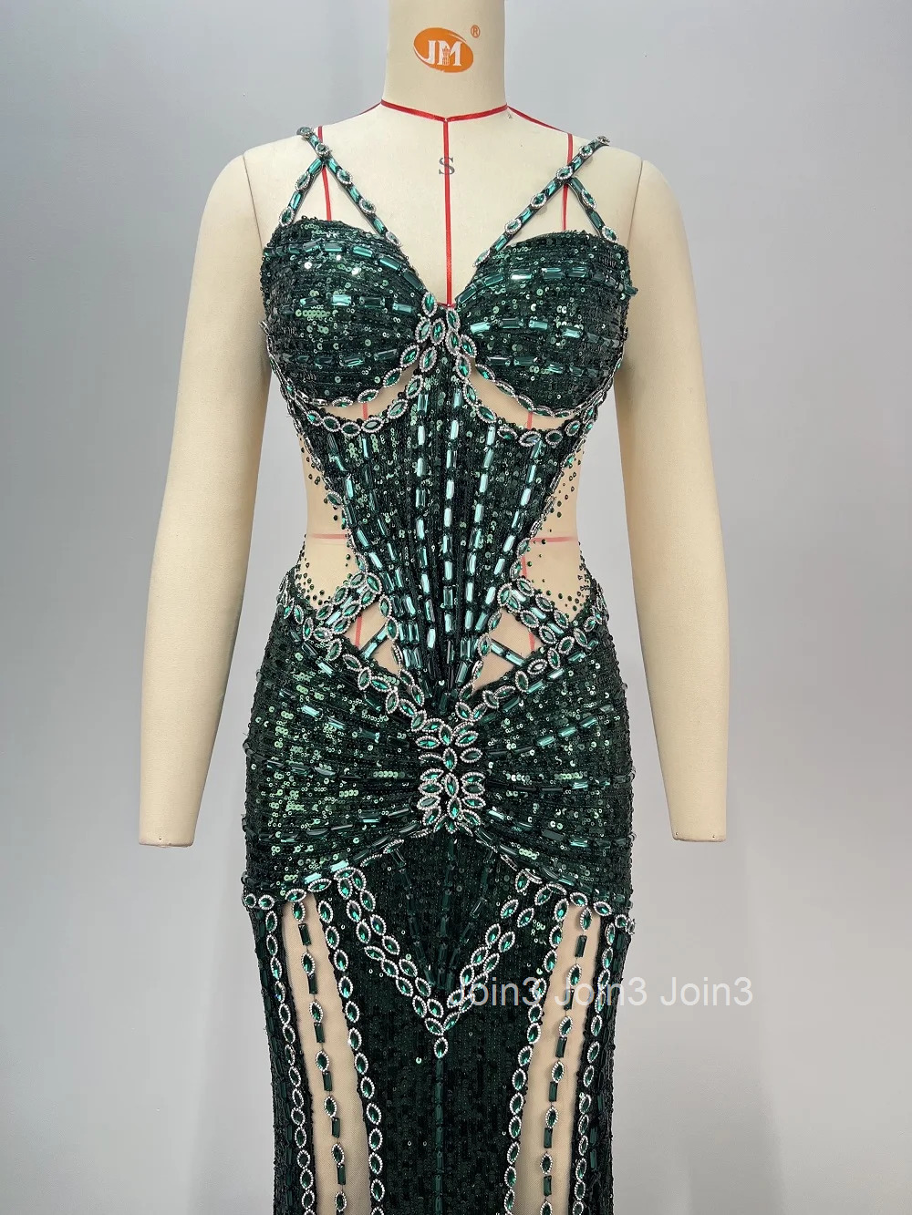 2025 New Women Stage Performance Costume Fashion Embroidered Sequins Diamonds Sexy Gauze Splicing Dress V-neck Sling Long Skirt