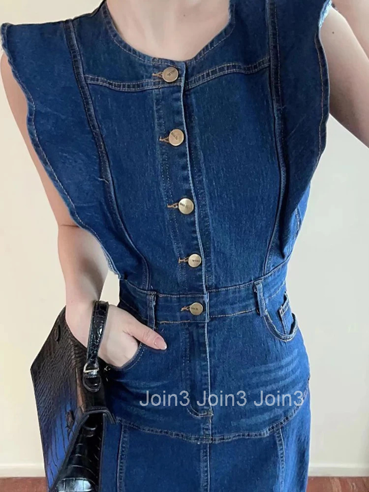 Fashion Summer Denim Long A-Line Dress For Women Lady Preppy Retro Sleeveless Slim Midi Mujer Vestidos Robe Femme Street Clothes