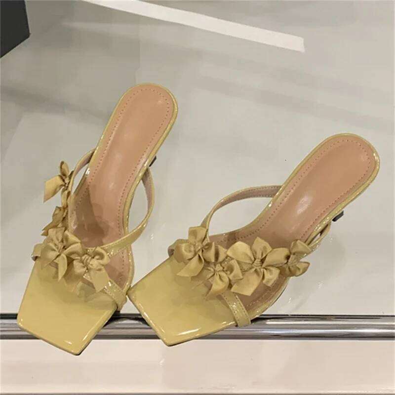 Eilyken Summer Butterfly-kont Square Toe Woman Slippers Fashion Elegant Thin High Heels Party Slide Shoes Zapatos De Mujer