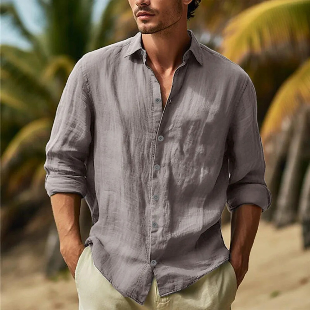 Mens Cotton Linen Shirts Turn Down Collar Solid Hawaiian Shirt Lightweight Breathable White Shirt Casual Large Size Streetwear 250618