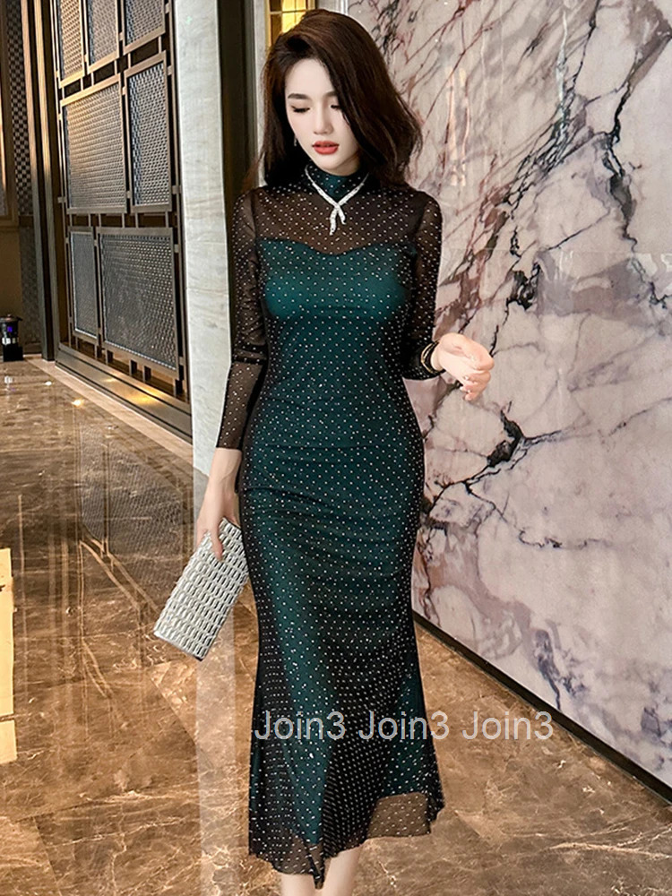 Fashion Stretchy Clothes Sparkly Evening Long Dress Ladies Women Elegant Luxury Chic Skinny Midi Party Prom Robe Mujer Vestidos