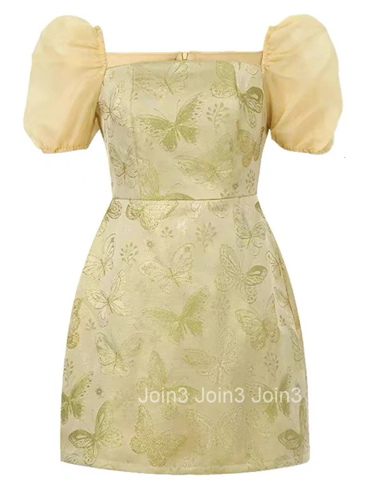New Summer Sparkly Gold Butterfly Print Gown Evening Dress Women Clothes Elegant Puff Sleeve Slim Short Party Club Prom Vestidos
