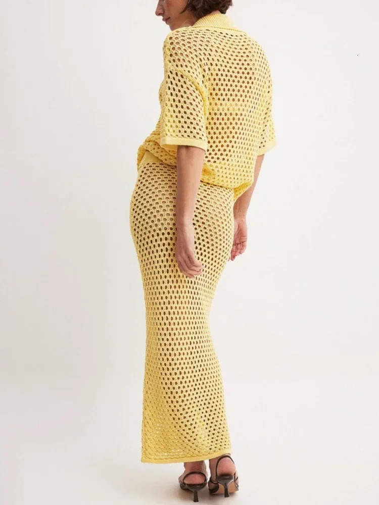 Womens Clothing Summer Casual Dress Sets Fashionable Mesh Fishnet Beach Knit Blouse Long Skirt Matching for Women 250614