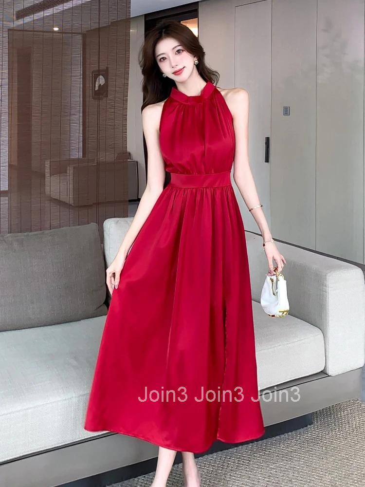 Summer Fashion Elegant Satin Solid Evening Dress Women Clothes Casual Sexy Sleeveless Slim Long A-Line Robe Party Prom Vestidos