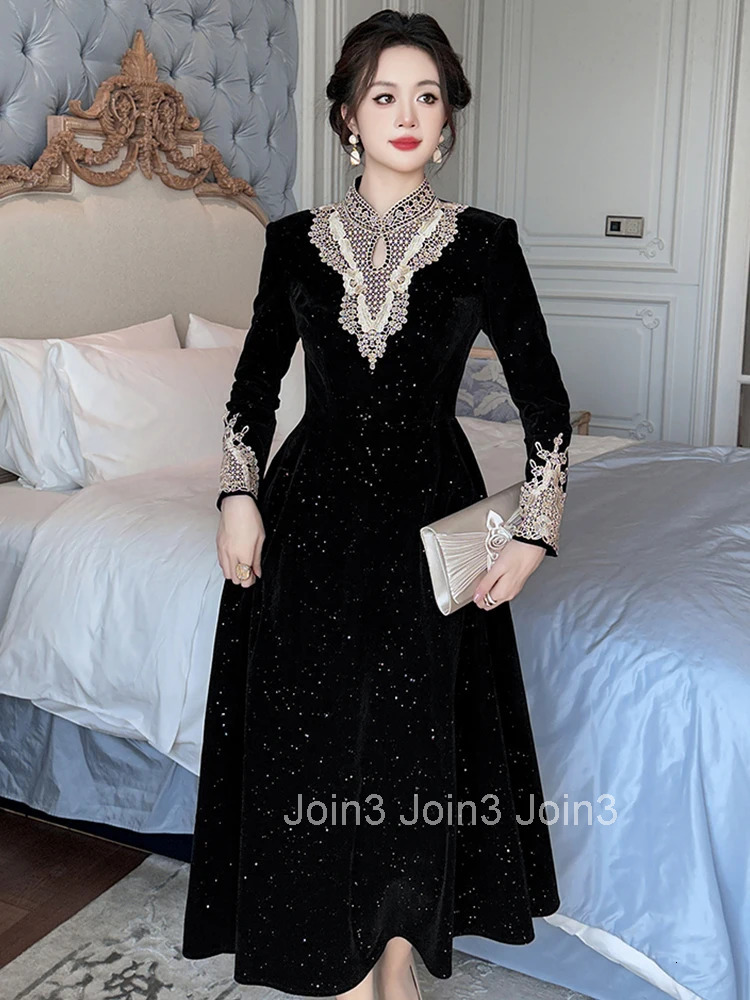 Women Clothes Elegant Sparkly Black Velvet Lace Stand Neck Slim Midi A-Line Dress Fashion Evening Party Prom Vestido Robe Casual