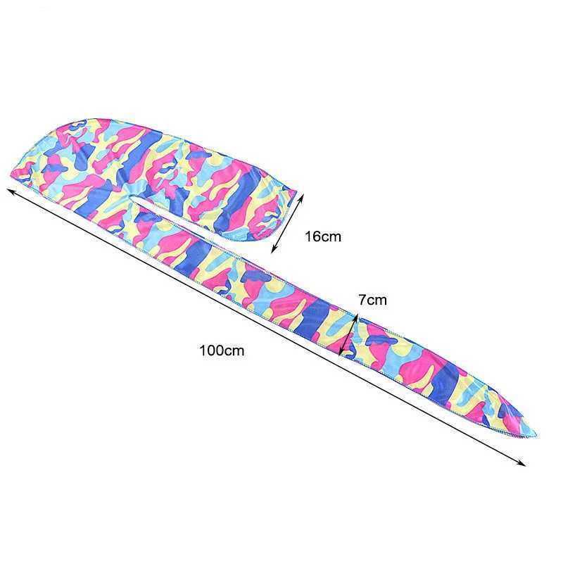 Unisex Long Tail Imitated Silky Scarf Muslim Doo Rag Pirate Hat Durag Camouflage Chemo Caps Skull Hat Turban Hair Band Bandanas M250623