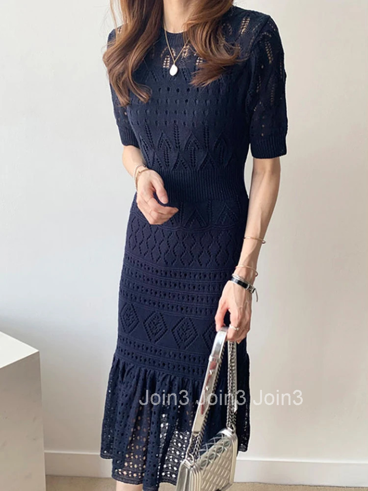 New Arrival Fashion Sets For Women Temperament Autumn Sexy Hollow Out Knitting Bouncy Bodycon Mermaid Dress Two Piece Sets