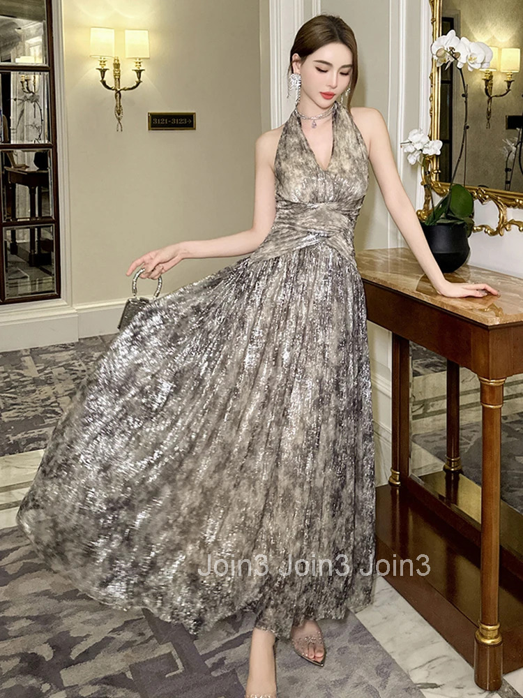 New Summer Fashion Sparkly Silvery Print Evening Dress Women Clothes Elegant Sexy Halter Slim Maxi Party Club Prom Vestidos Robe
