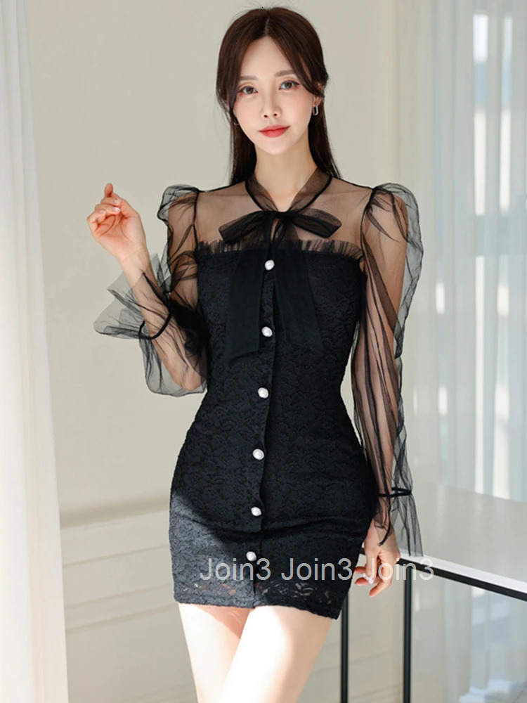 Sexy Temperament Bodycon Dress Women Fashionable Sweet Sheer Mesh Bow Bandage Lace Single Breasted Short Gown Party Vestidos New