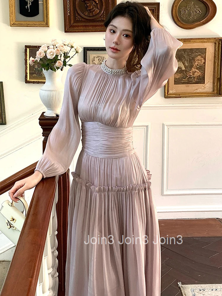 French Romance Vacation Evening Dress Women Clothes Sweet Fairycore Pearl Folds Maxi Robe Birthday Party Holiday Vestidos Spring