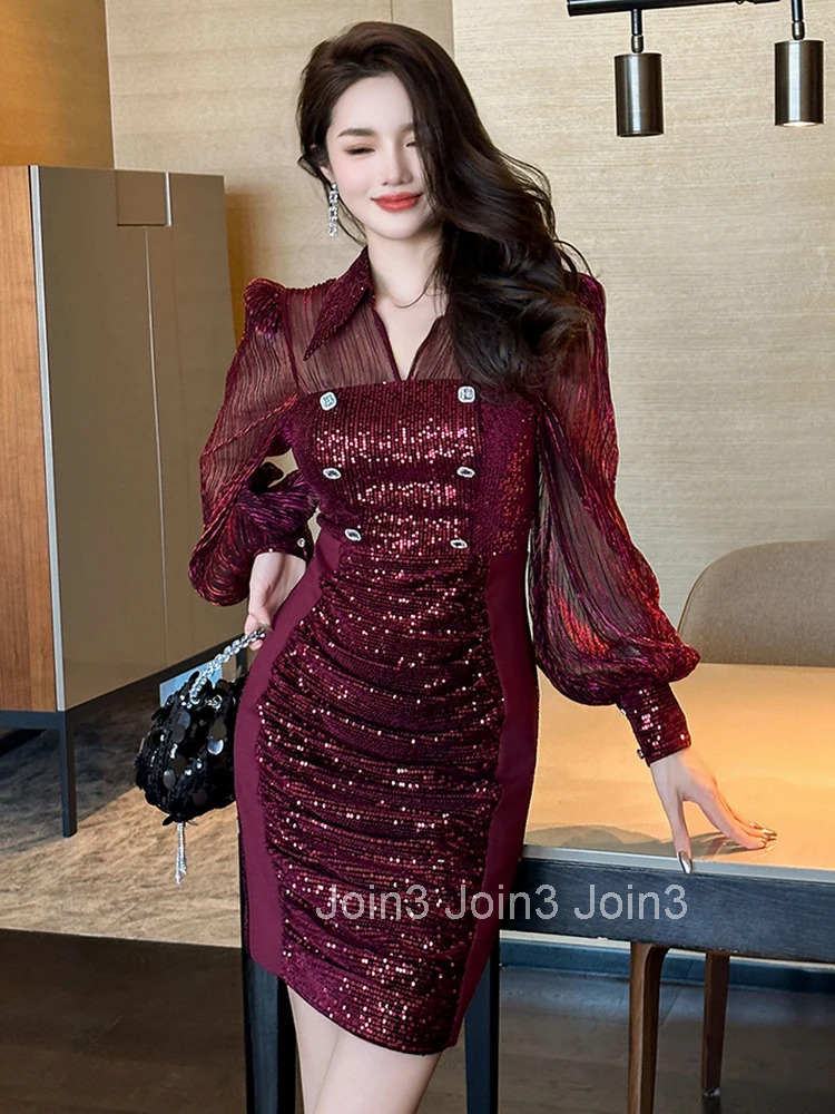 Autumn Fashion Retro Sequins Sheer Sexy Evening Dress Women Clothes Elegant Lantern Sleeve Slim Short Party Prom Vestidos Fiesta