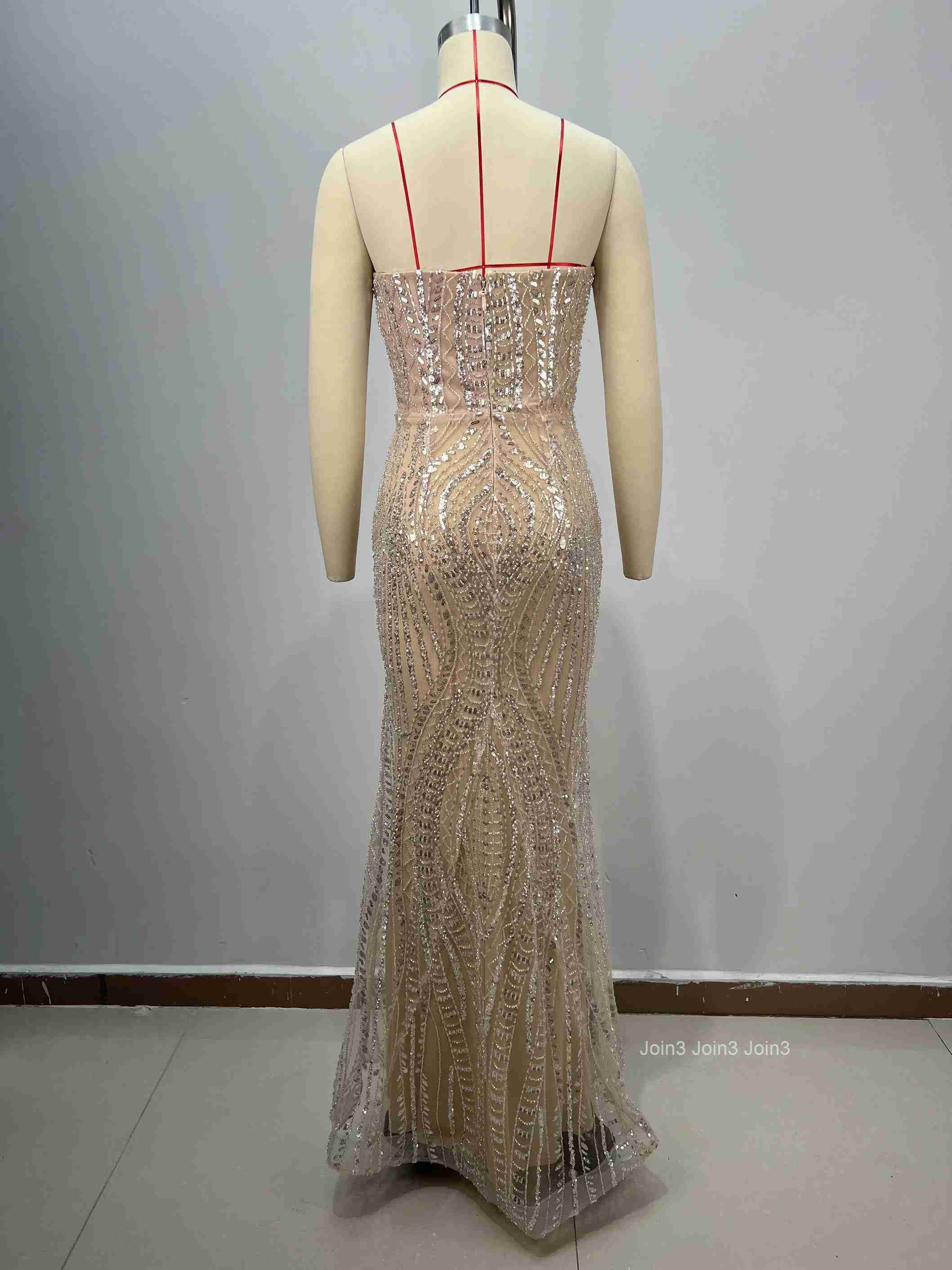 Bandage Dress Gold Sequin Mermaid Evening Gown Beaded Bodice Choker Neckline Fitted Fishtail Formal Party Gown Champagne