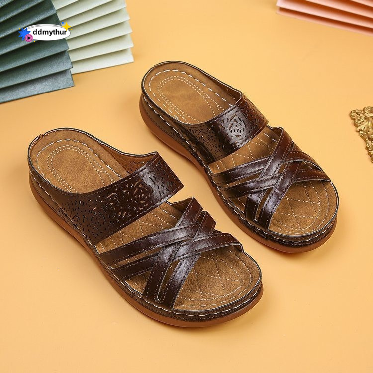 2023 Summer New Women's Shoes One-Strap Wedge Thick Sole Stitched Hollow Large Size Mom Sandals Slippers ddmythur