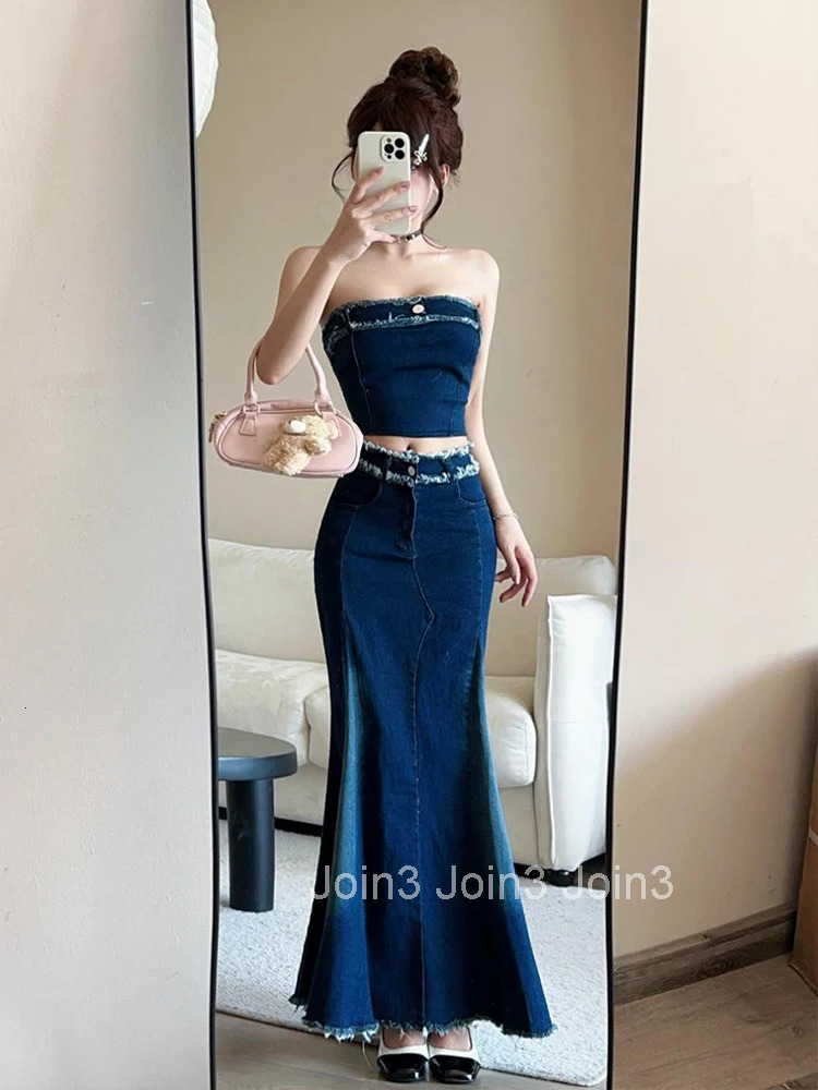 Women Clothes Casual Outfits Sexy Chest Wrapped Cropped Short Tops Shirt Blouse And High Waist Long Skirt Mujer 2 Pieces Set New