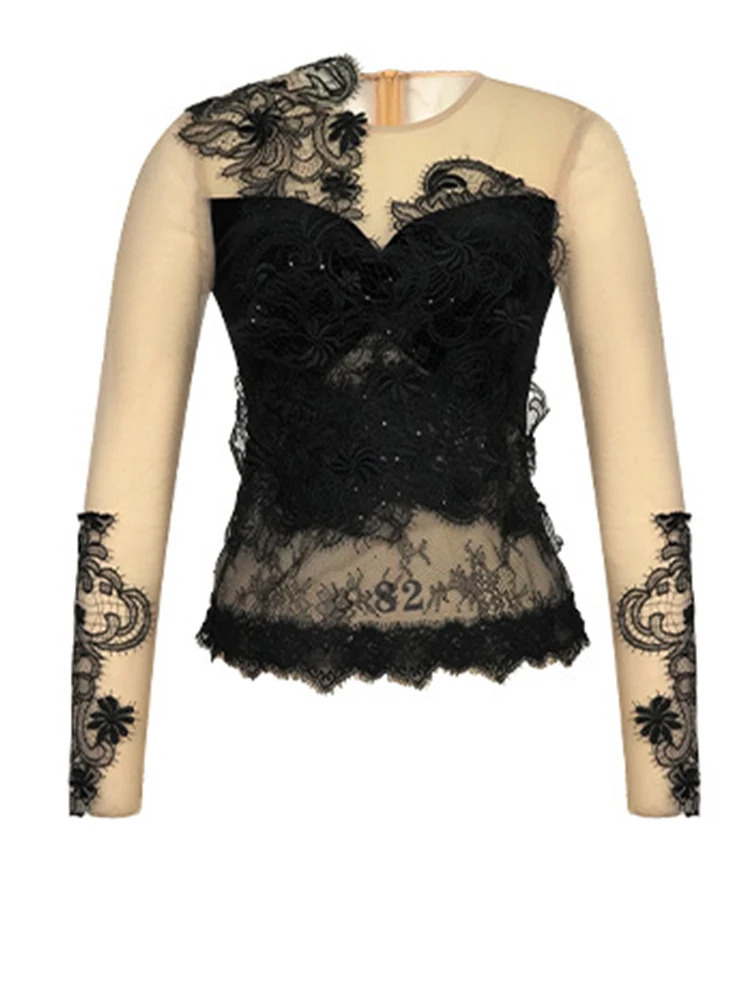 Women Clothes Mesh Lace Splicing O-Neck Short T-Shirt Elegant Black Sheer Sexy Long Sleeve Blouse Femme Prom Tops Casual Fashion