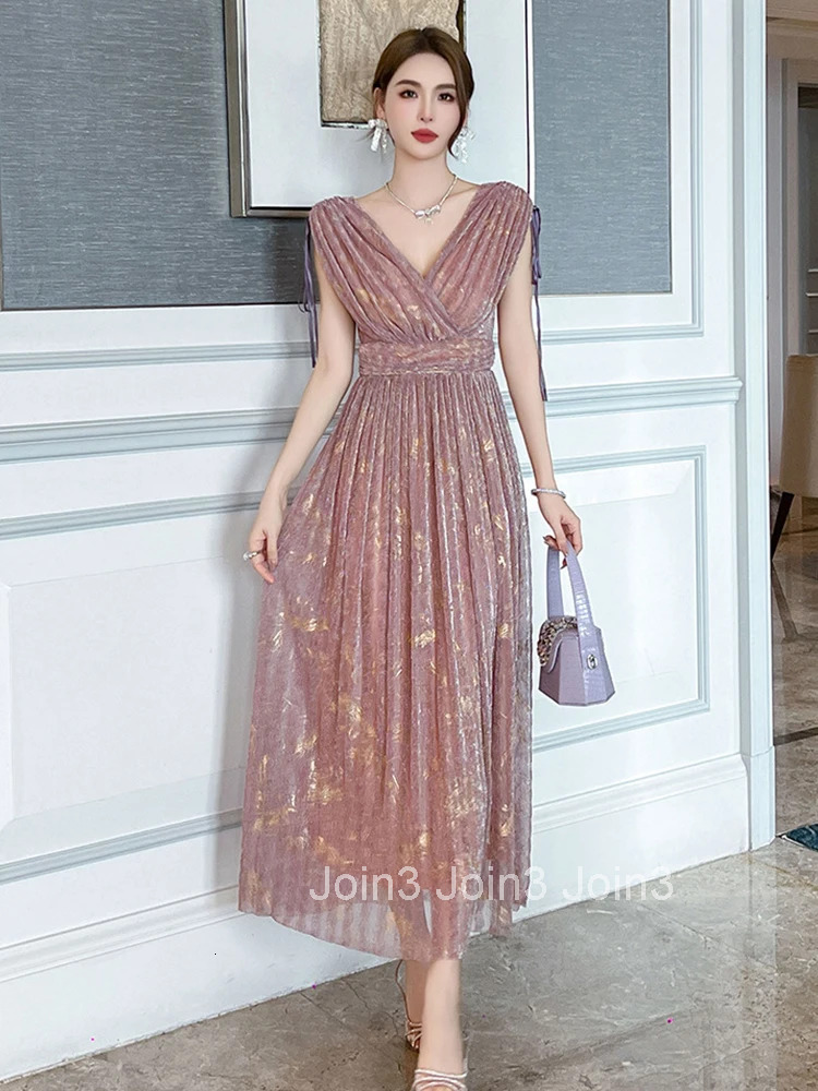 Summer Fashion Sparkly Bright Silk Evening Dress Women Clothing Pink Sweet Sexy Deep V-Neck Slim Party Prom Robe Vestidos Fiesta