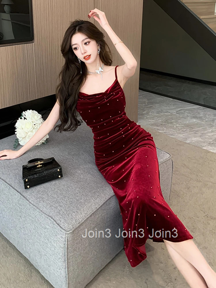 French Elegant Luxuriy Banquet Dress Women Celebrity Strap Bodycon Folds Fishtail Robe Lady Evening Party Host Vestidos Mujer