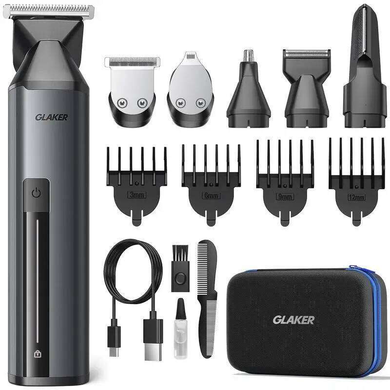 GLAKER 6 In 1 Beard Trimmer For Men, Electric Razor, For Mustache/Body/Nose/Ear/Hair, Waterproof, Cordless Grooming Kit