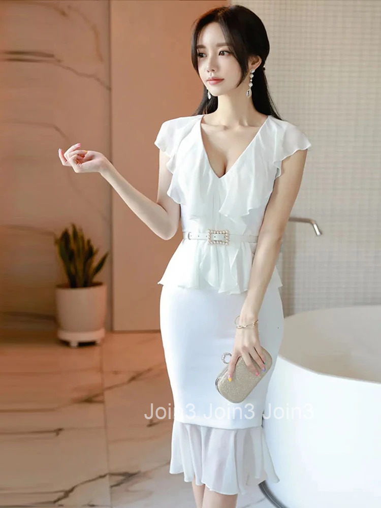 New Summer Fashion White Work Style Formal Mermaid Dress Women Clothes Elegant Office Sweet Ruffle Sexy V-Neck Slim Midi Vestido