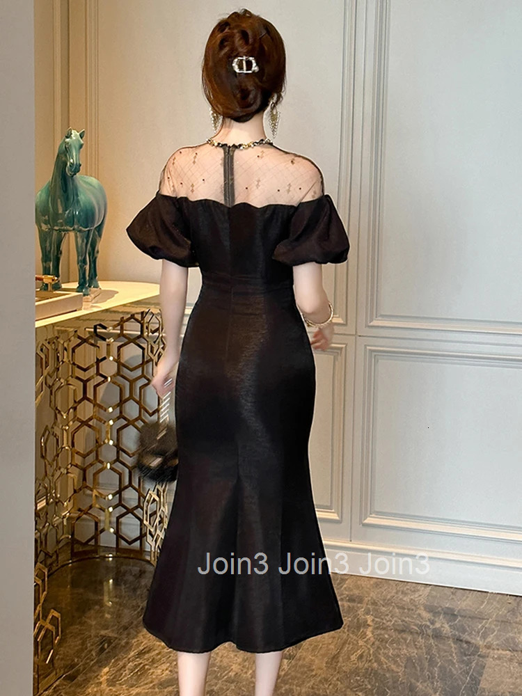 Elegant Luxury Formal Occasion Evening Dress Women Clothes Chic Mesh Sheer Sexy O-Neck Puff Sleeve Midi Robe Party Prom Vestidos