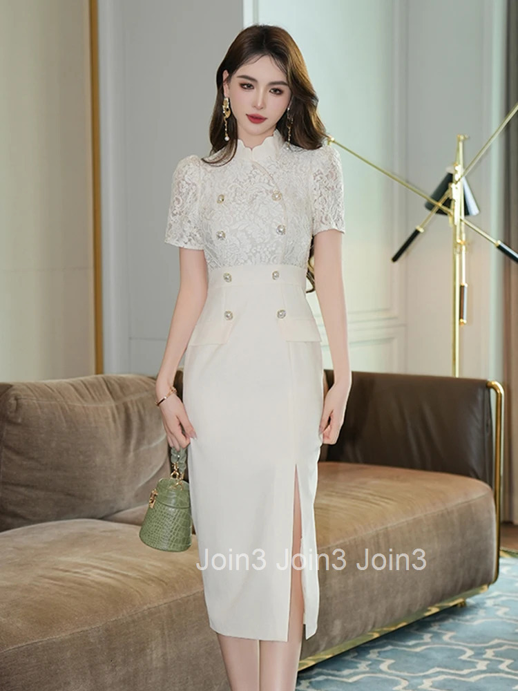 Summer White Fake 2-Piece Lace Splic Formal Occasion Dress Women Clothes Elegant Office Short Sleeve Slim Midi Pencil Vestidos