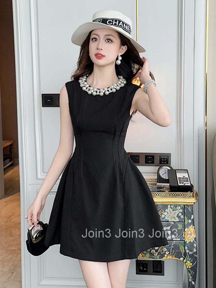 Summer Fashion Black Gown Evening Dress Women Clothes Elegant Retro Pearl Sleeveless Slim Short A-Line Party Club Prom Vestidos
