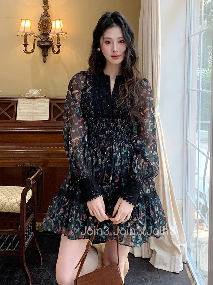 French Style Fashionable Retro Dress Women Cute Print Lace High Waist Ball Gown Lady Coffee Break Street Vestido Holiday Clothes