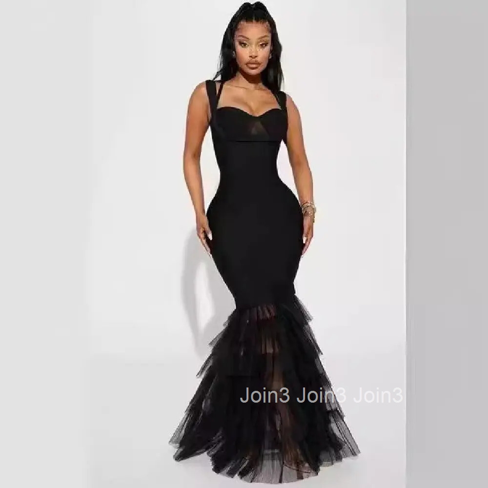 Spring Black Xshape Sexy Bandage Dress Fashion Gauze Splicing Fish Tail Skirt Elegant Womens Clothing Evening Dinner Gown