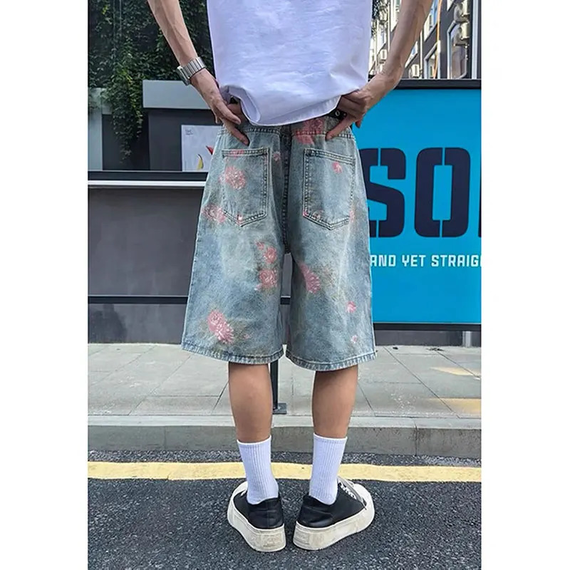Mens Flower Print Y2k Baggy Ripped Jeans Harajuku Vintage Denim Trousers Japanese 2000s Blue Short Jeans Pants Oversize Clothes 250618