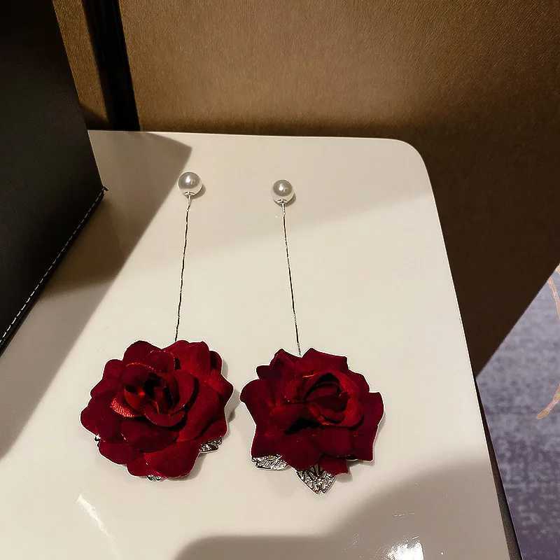 Dominate Big Rose Tassel Drop Earrings for Women Temperament Red Flower Simulated Pearl Earrings Girls Wedding Party Jewelry XJ250623