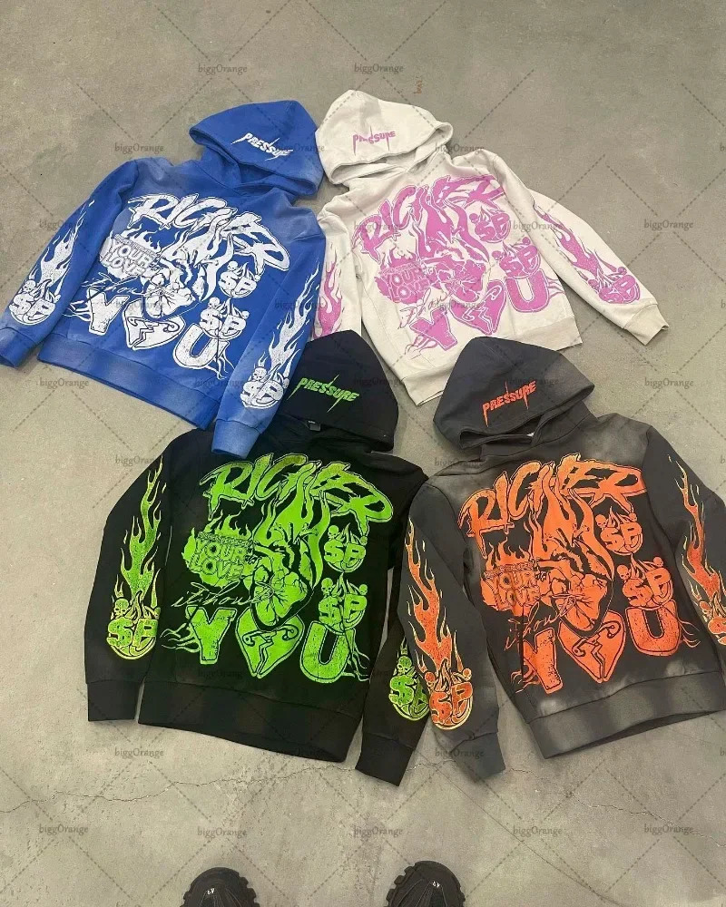 Geometric pattern colorful letters Gothic print casual hoodies for men y2k high street hip hop fashion pullover for men 250618