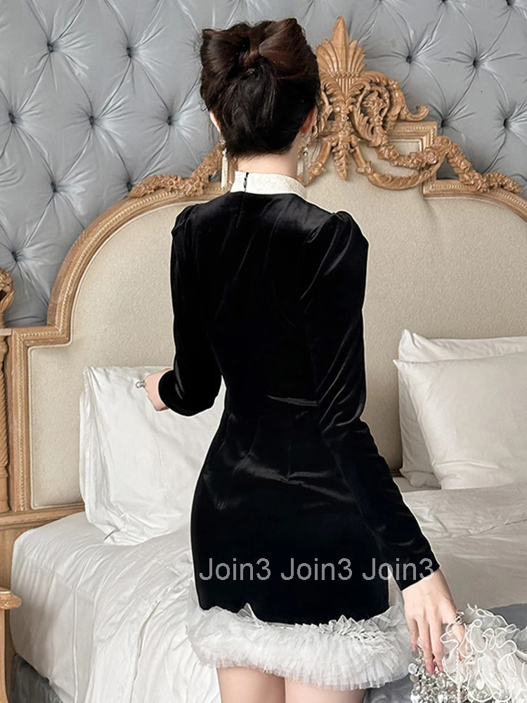 Women Clothes Sweet Black Ruffle Stand Neck Slim Mini Short Dress Elegant Evening Party Vestido Fashion Autumn Winter Casual New