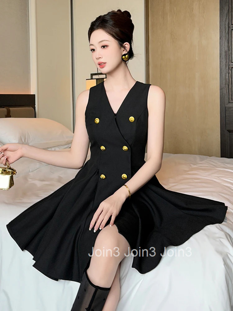 Women Clothes Black Sexy V-Neck Sleeveless Slim Mini Short A-Line Dress Fashion Party Prom Vestidos Casual Formal Occasion New