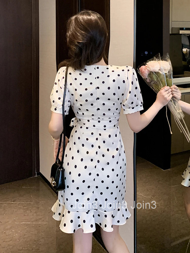 Summer Elegant Office Women Short Dress Formal Chic Satin Vintage Dot Sexy V-Neck Slim Mini Party Mujer Vestidos Street Clothes