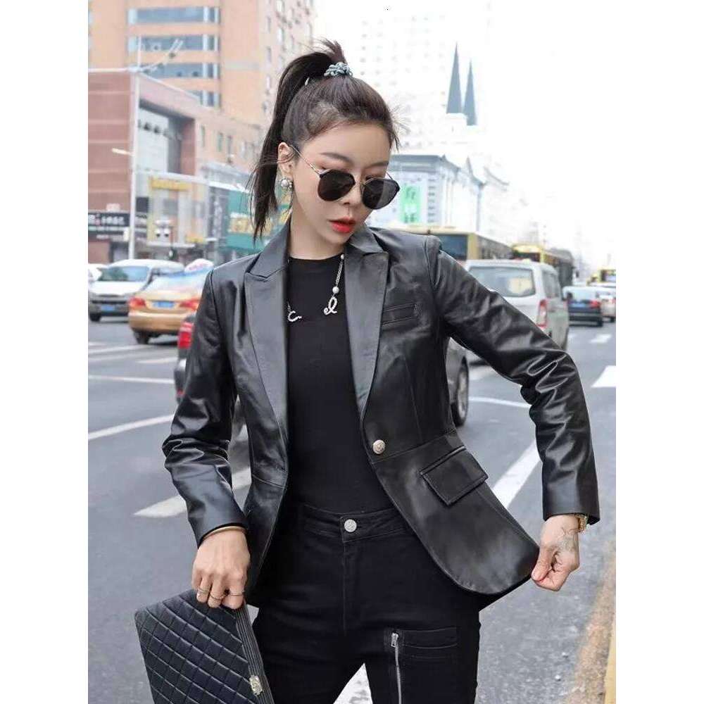 New Designer Office Ladies Back Hollow Out Button Slim Fit Blazer Work Suit Coat Women Natural Sheepskin Genuine Leather Jacket