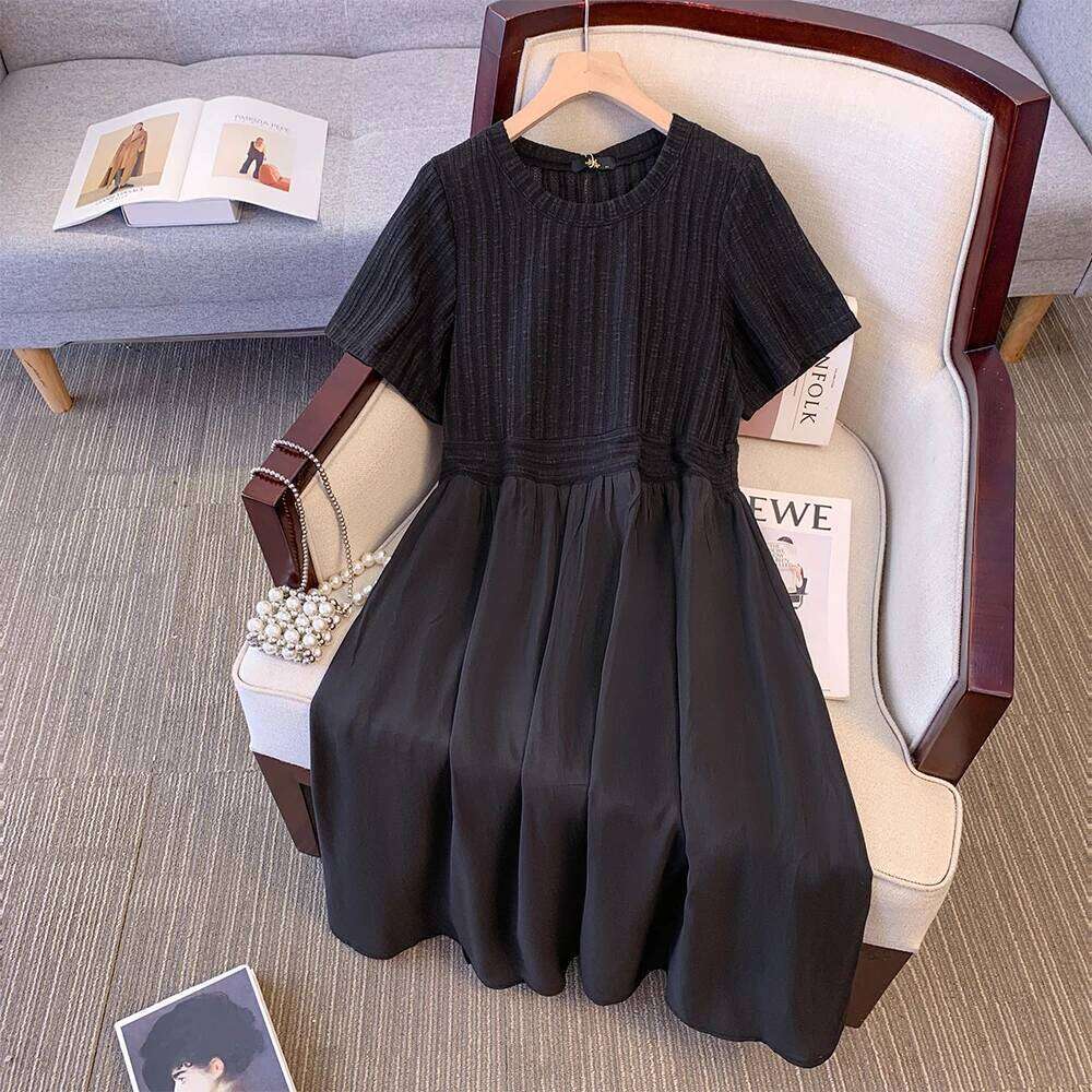 Plus Size Women's Summer Casual Dress Black Patchwork Design Skirt Loose Comfortable Breathable Fashion Commuter