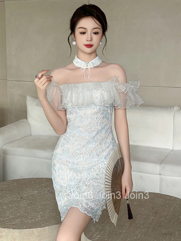 Summer Fashion Lace Floral Vacation Evening Dress Women Clothing Sweet Elegant Sheer Sexy Short Sleeve Slim Party Prom Vestidos