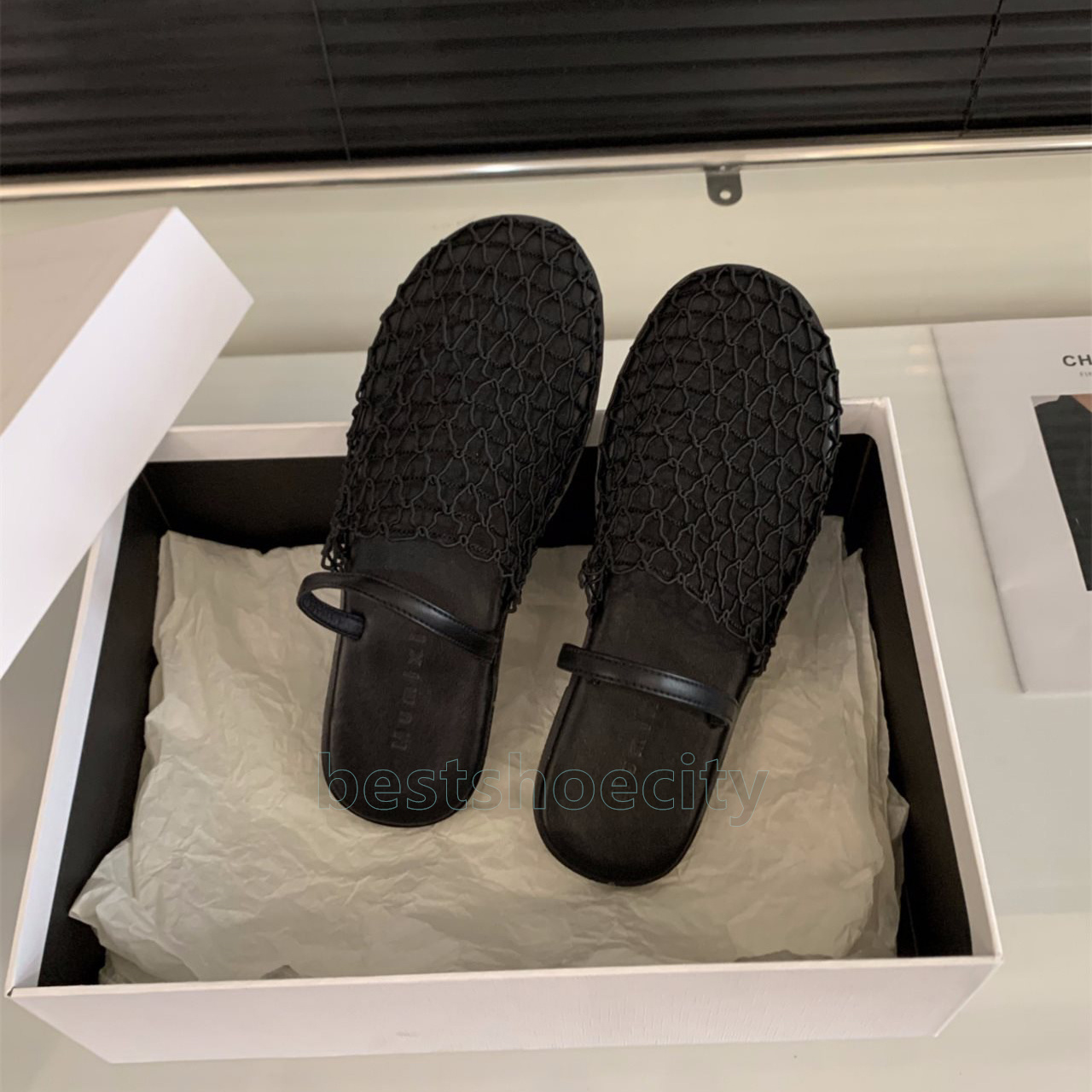 designer sandals summer slides hollow out mesh slippers fishnet women shoes crochet net flats heels sandal fashion simple sandale mules