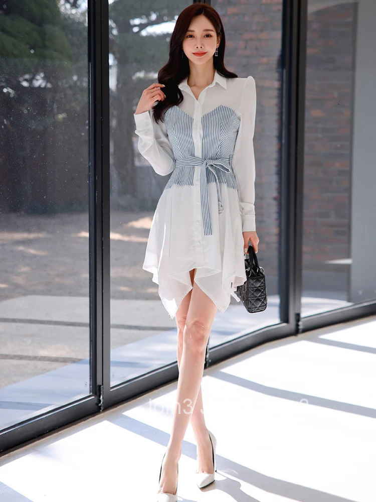 New Spring Autumn Elegant Women Dress Chic Casual Shirt Striped Turn-down Collar Slim Midi A-Line Street Clothes Mujer Vestidos