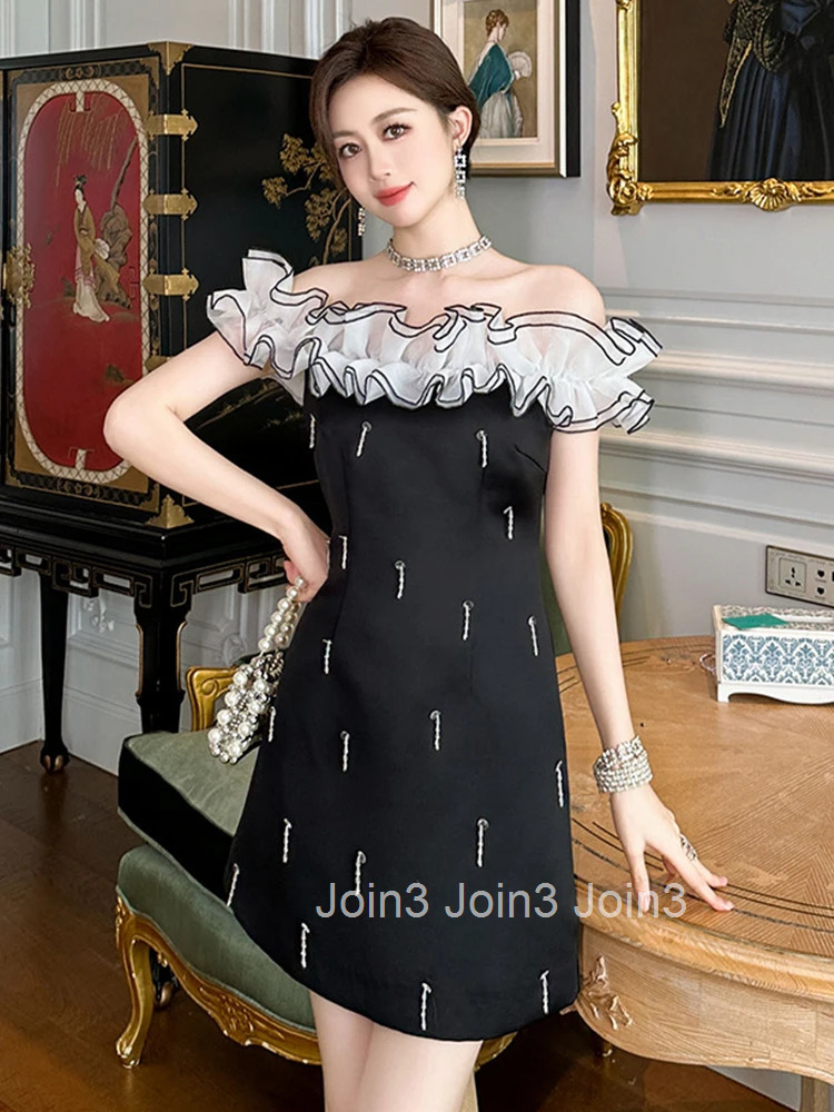 Summer Vintage Black Evening Dress Women Clothes Elegant Luxury Sweet Sexy Off-Shoulder Slim Short Party Club Birthday Vestidos