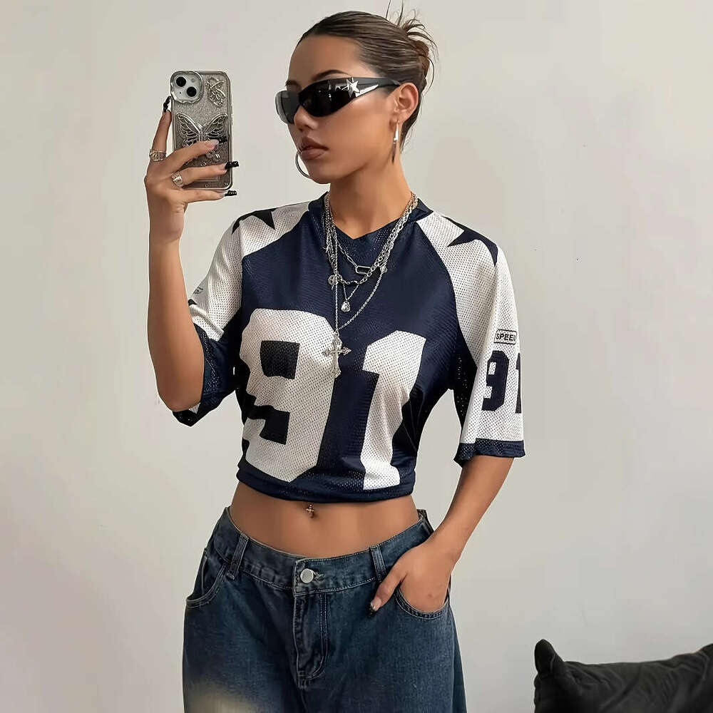 Cross-Border Design Sense Sports Style Digital Print Color-Block Mesh Short Sleeve T-Shirt Loose Top