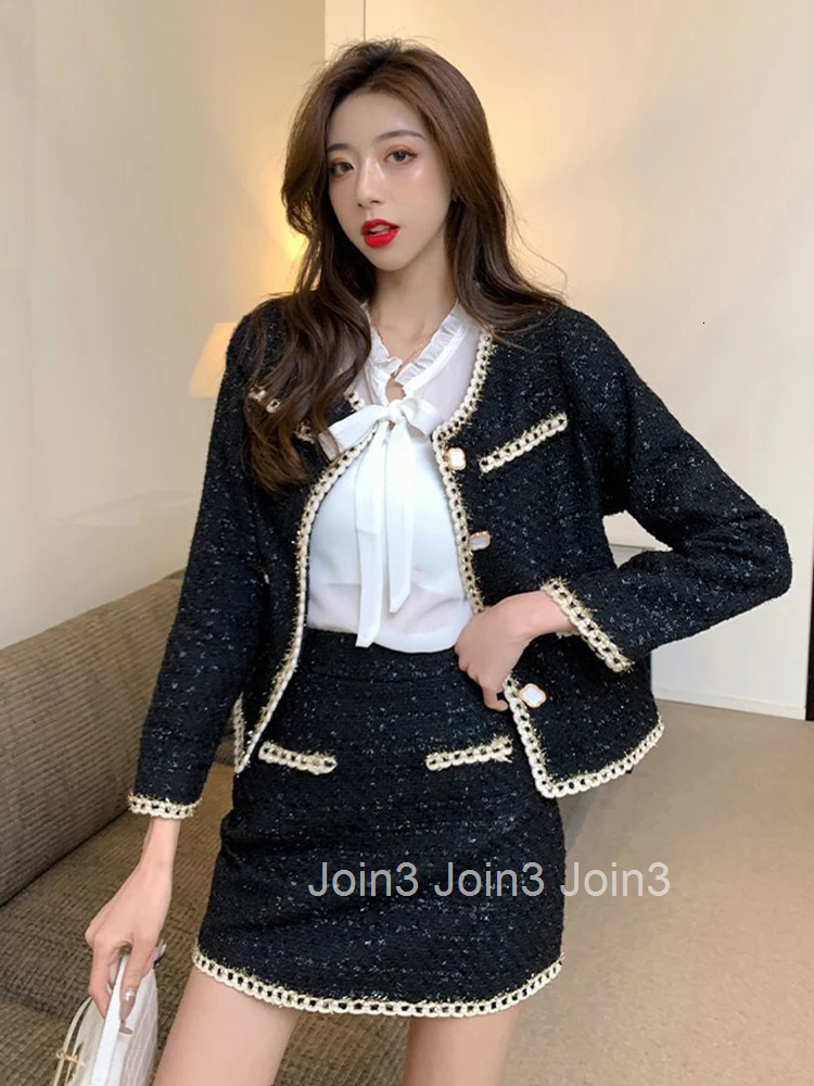New Fashion Spring Ladies Black Tweed Vintage 2 Pieces Outfit Women Short Coat Tops Jacket Outwear And Mini Skirt Mujer Slim Set