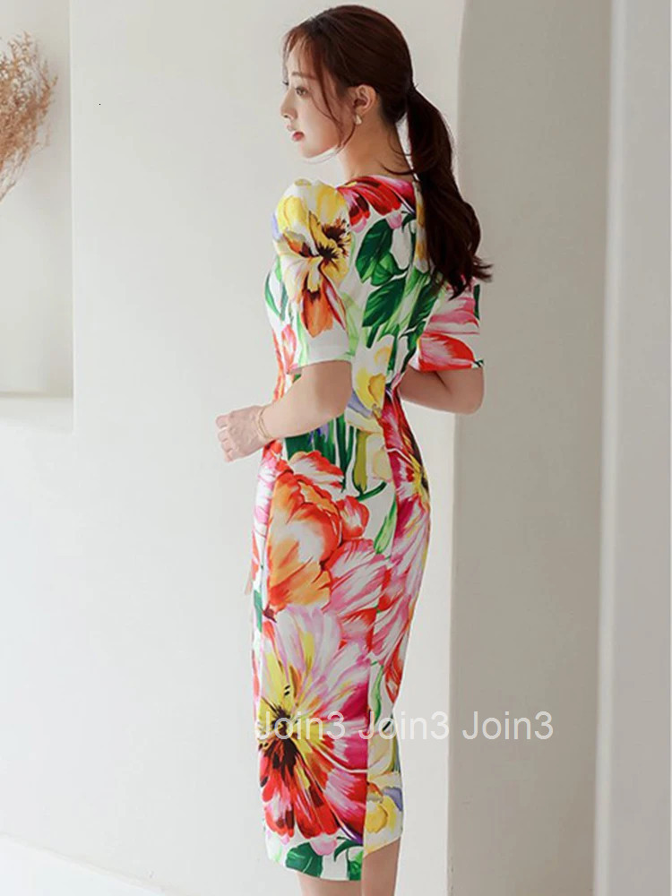 Elegant Office Women Dress Vintage Floral O-Neck Short Sleeve Slit Slim Midi Club Robe Femme Ladies Vestidos Ropa Mujer Verano