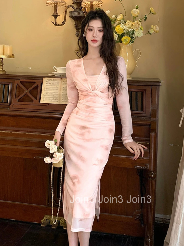 Holiday Mesh Floral Print 2 Pieces Outfits Women Clothes Cardigan Coat Tops Sexy Sling Strap Slit Folds Midi Robe Dress Set Lady