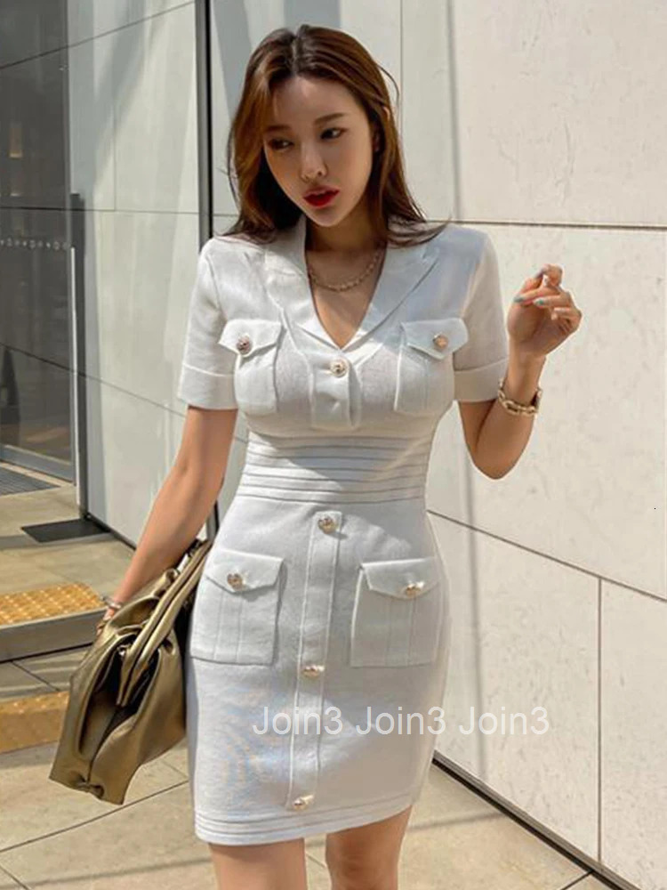 Korean Elegant Women Dress Summer White Knit Casual Stretchy V-Neck Pocket Skinny Bodycon Slim Mini Lady Femme Mujer Vestidos