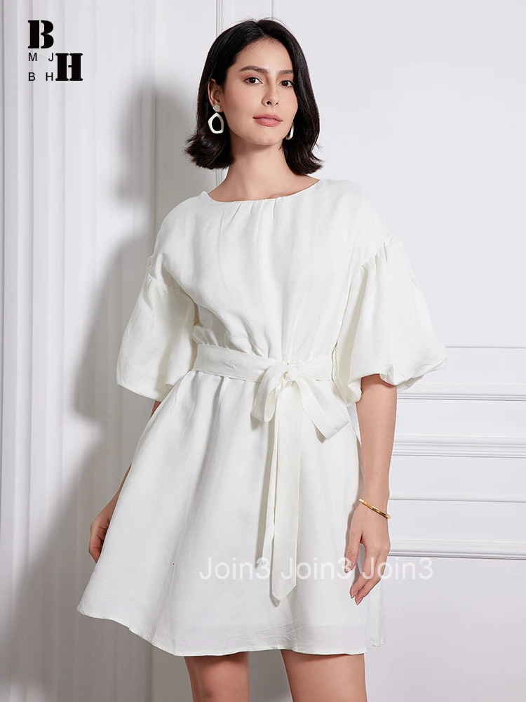 New Elegant Summer Breathable Comfortable Cotton Linen Short A-Line Dress Women Clothes Casual O-Neck Belt Mini Vestidos Fashion