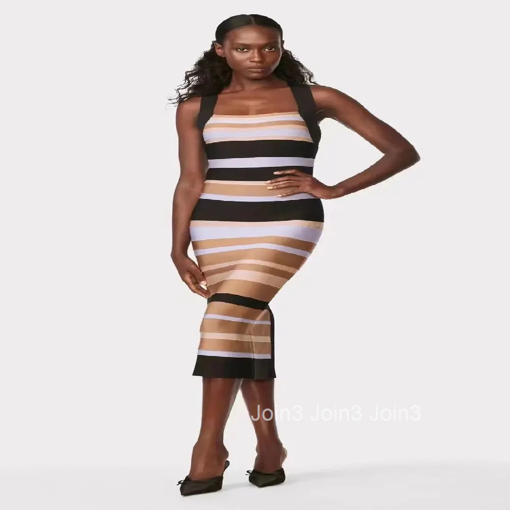 Womens Clothing Fashion Bandage Dress Colorful Striped Casual Neck-mounted Vestidos Sleeveless Backless Vacation Wear Summer